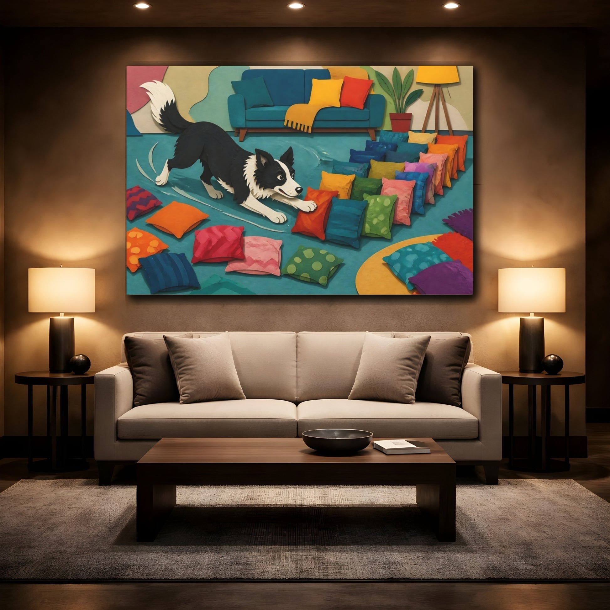 Mockup 2. Funny Border Collie Herding Pillows shown as canvas print