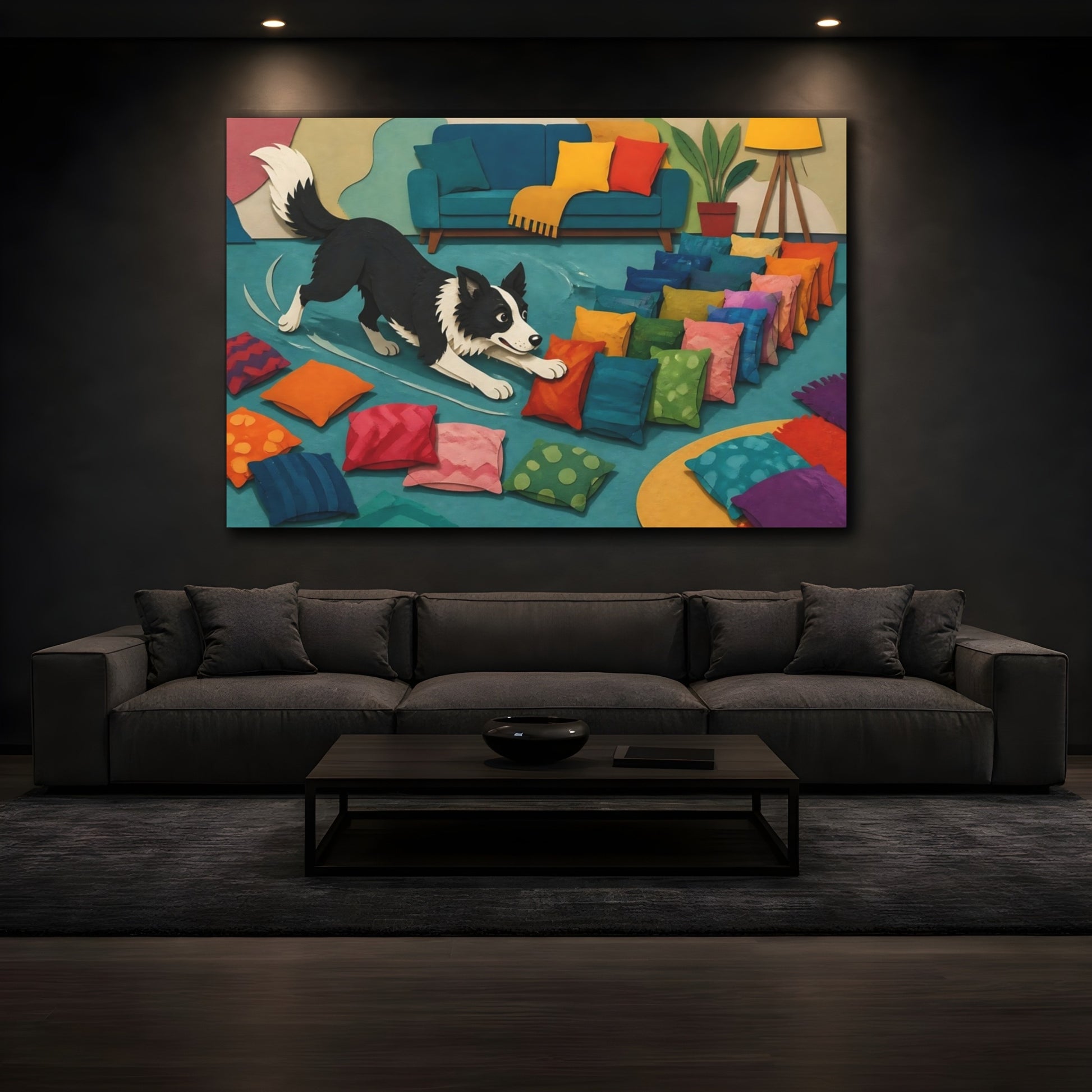 Mockup 3. Funny Border Collie Herding Pillows shown as canvas print