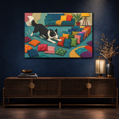 Mockup 4. Funny Border Collie Herding Pillows shown as canvas print