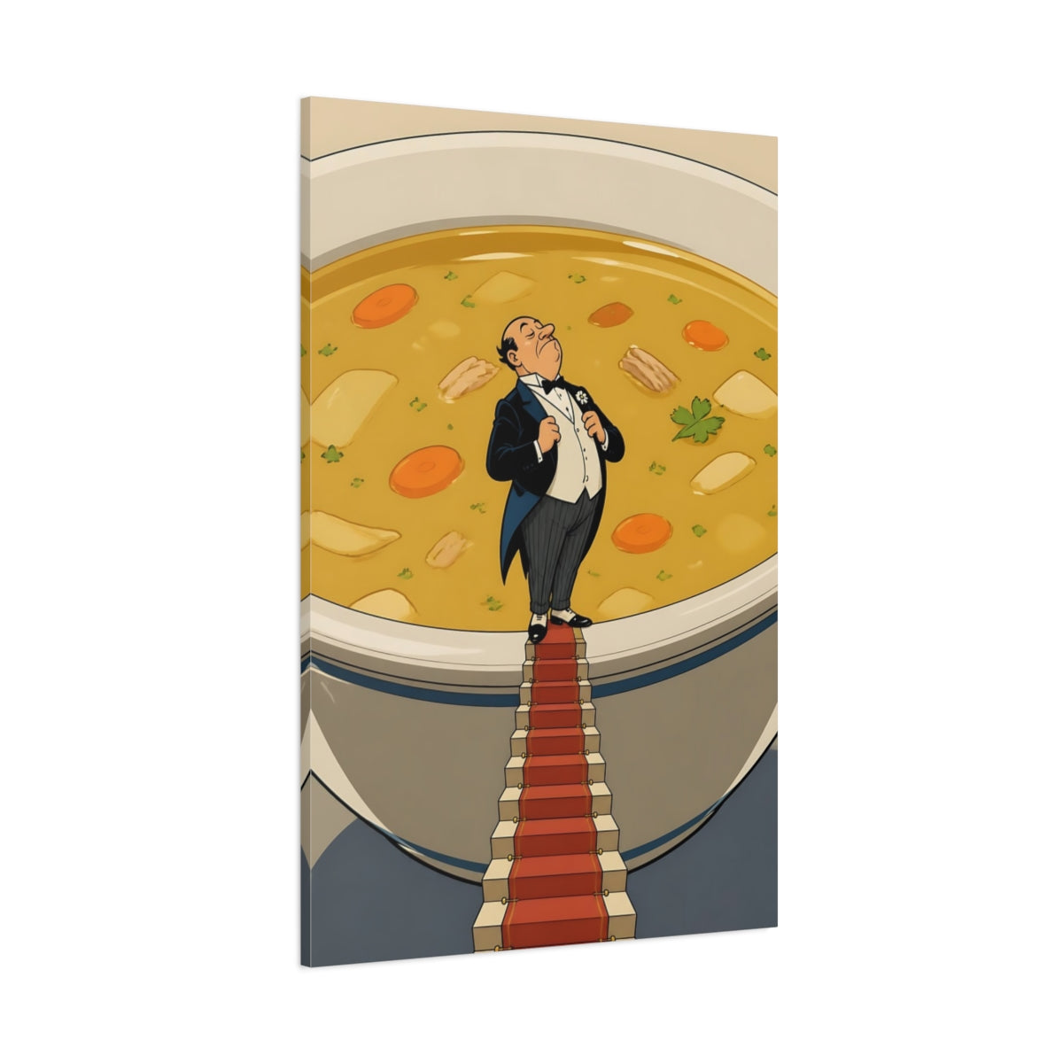 Side Mockup 1. Funny Butler In Soup shown as canvas print