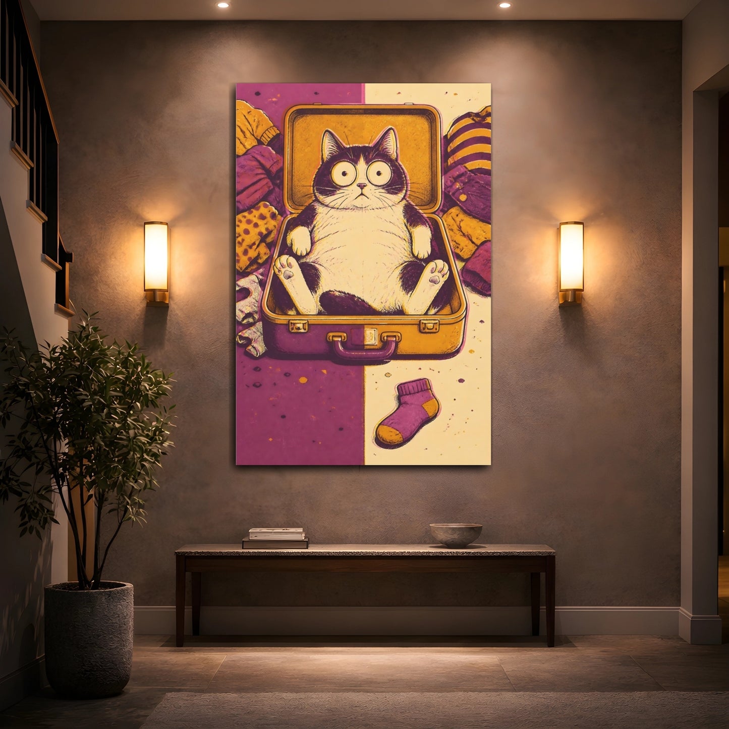 Mockup 2. Funny Cat In Suitcase shown as canvas print