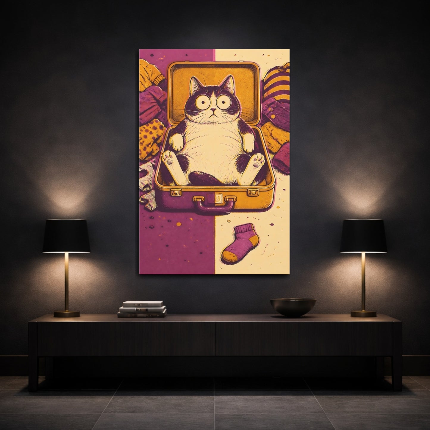 Mockup 3. Funny Cat In Suitcase shown as canvas print