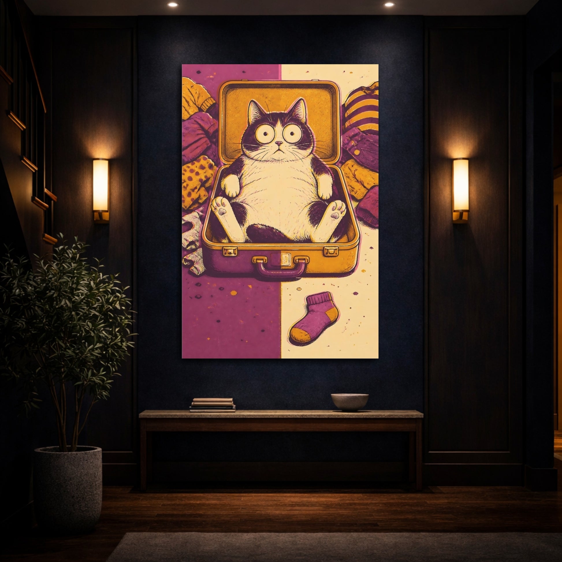 Mockup 4. Funny Cat In Suitcase shown as canvas print