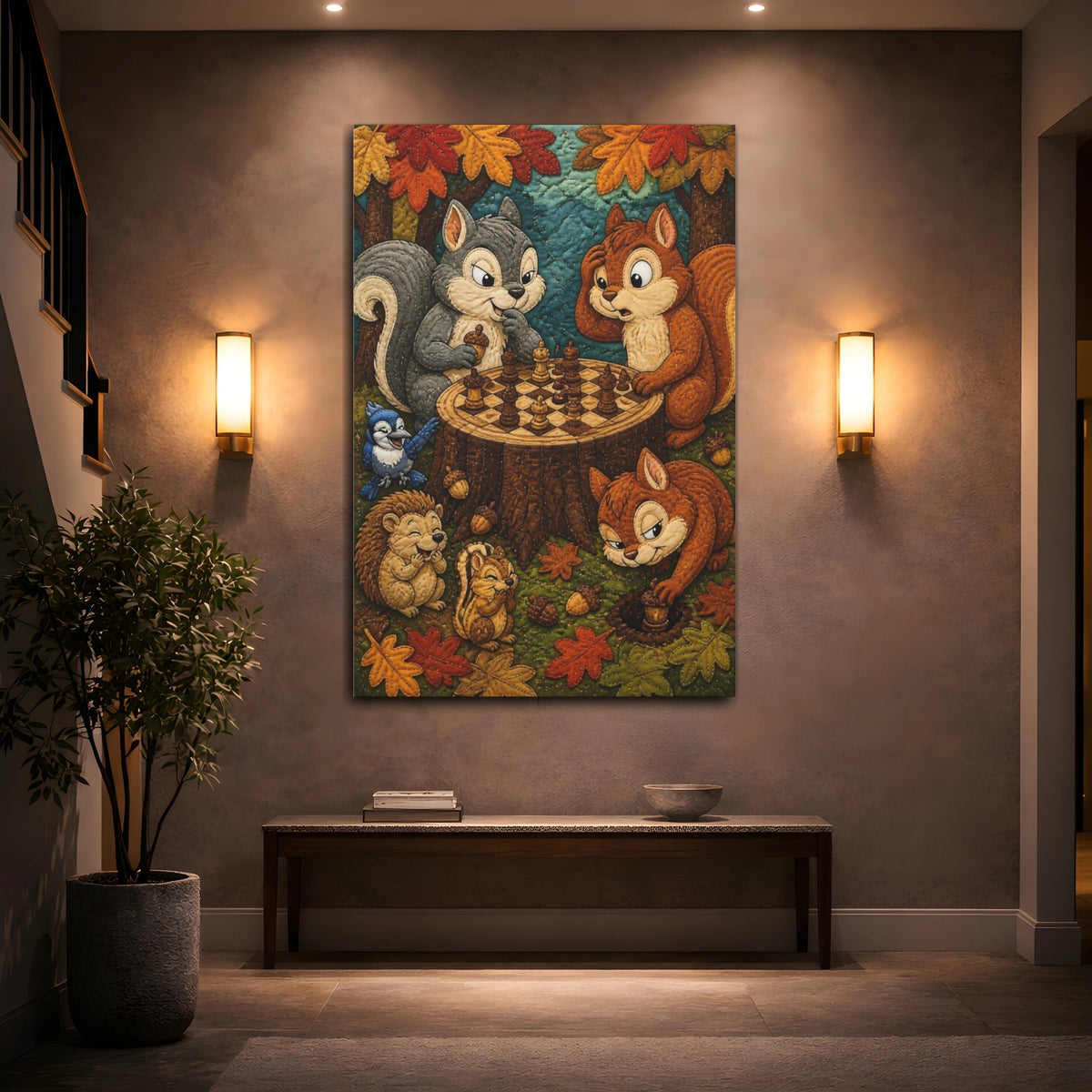 Mockup 2. Funny Chess Squirrels shown as canvas print