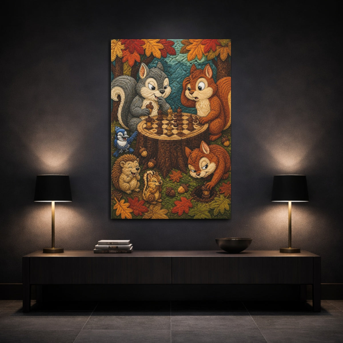 Mockup 3. Funny Chess Squirrels shown as canvas print