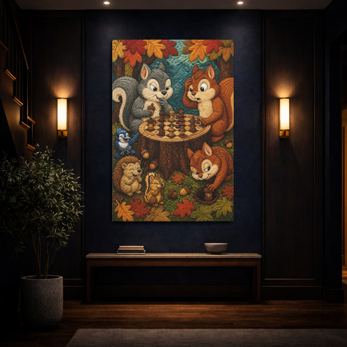 Mockup 4. Funny Chess Squirrels shown as canvas print