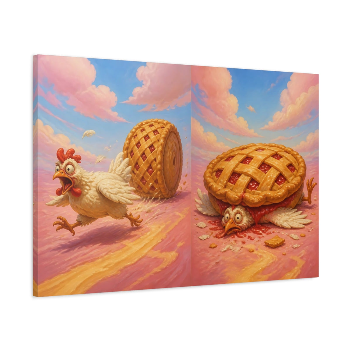 Main Mockup. Funny Chicken Escape shown as canvas print