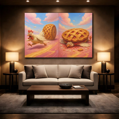 Mockup 2. Funny Chicken Escape shown as canvas print