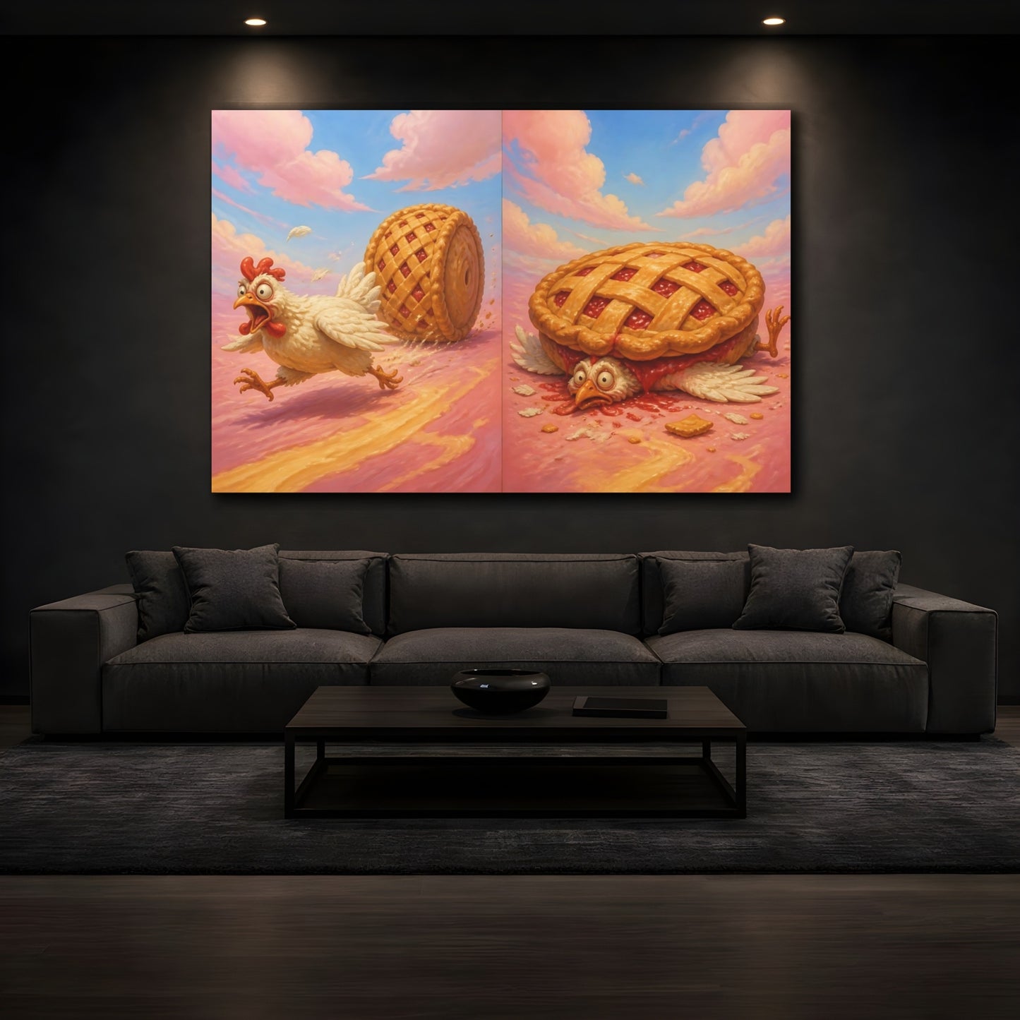 Mockup 3. Funny Chicken Escape shown as canvas print