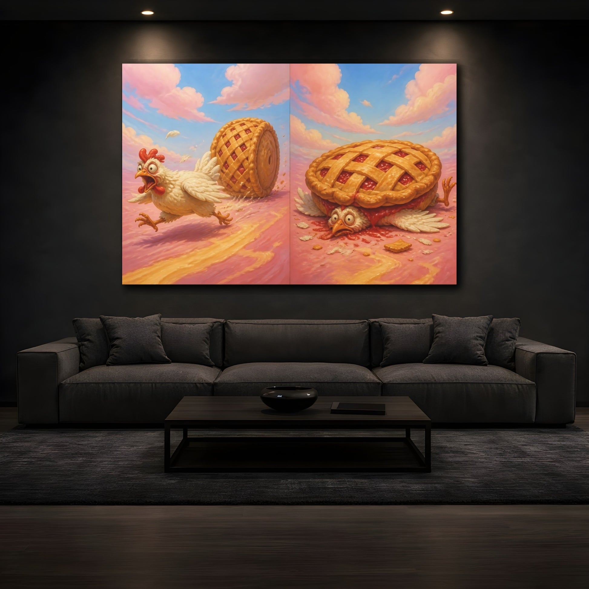 Mockup 3. Funny Chicken Escape shown as canvas print