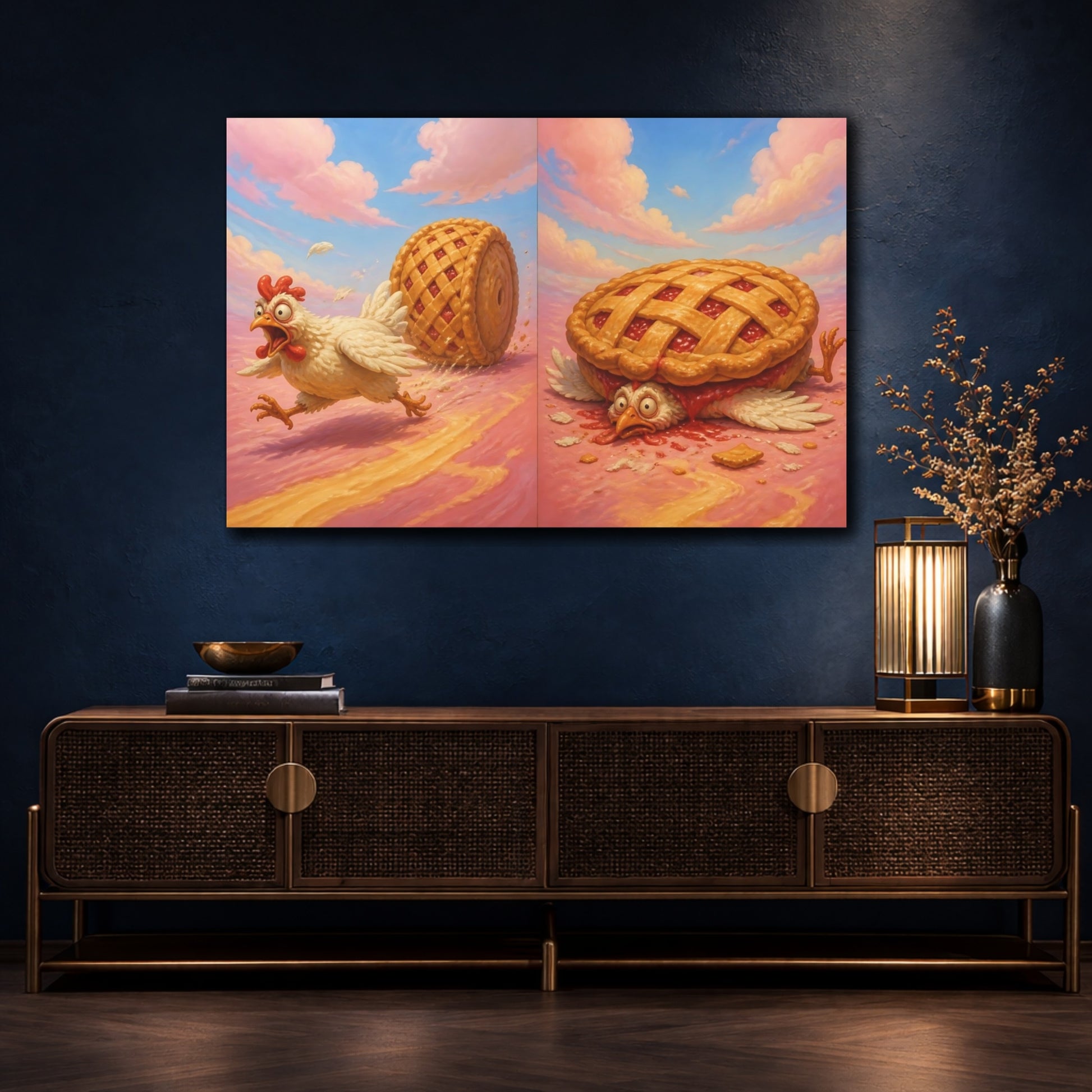 Mockup 4. Funny Chicken Escape shown as canvas print