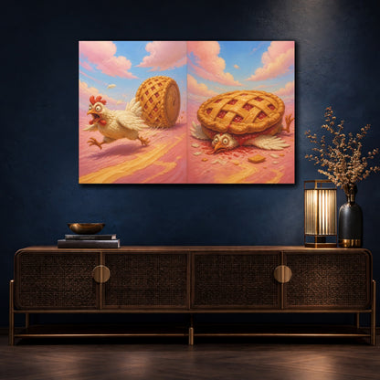 Mockup 4. Funny Chicken Escape shown as canvas print