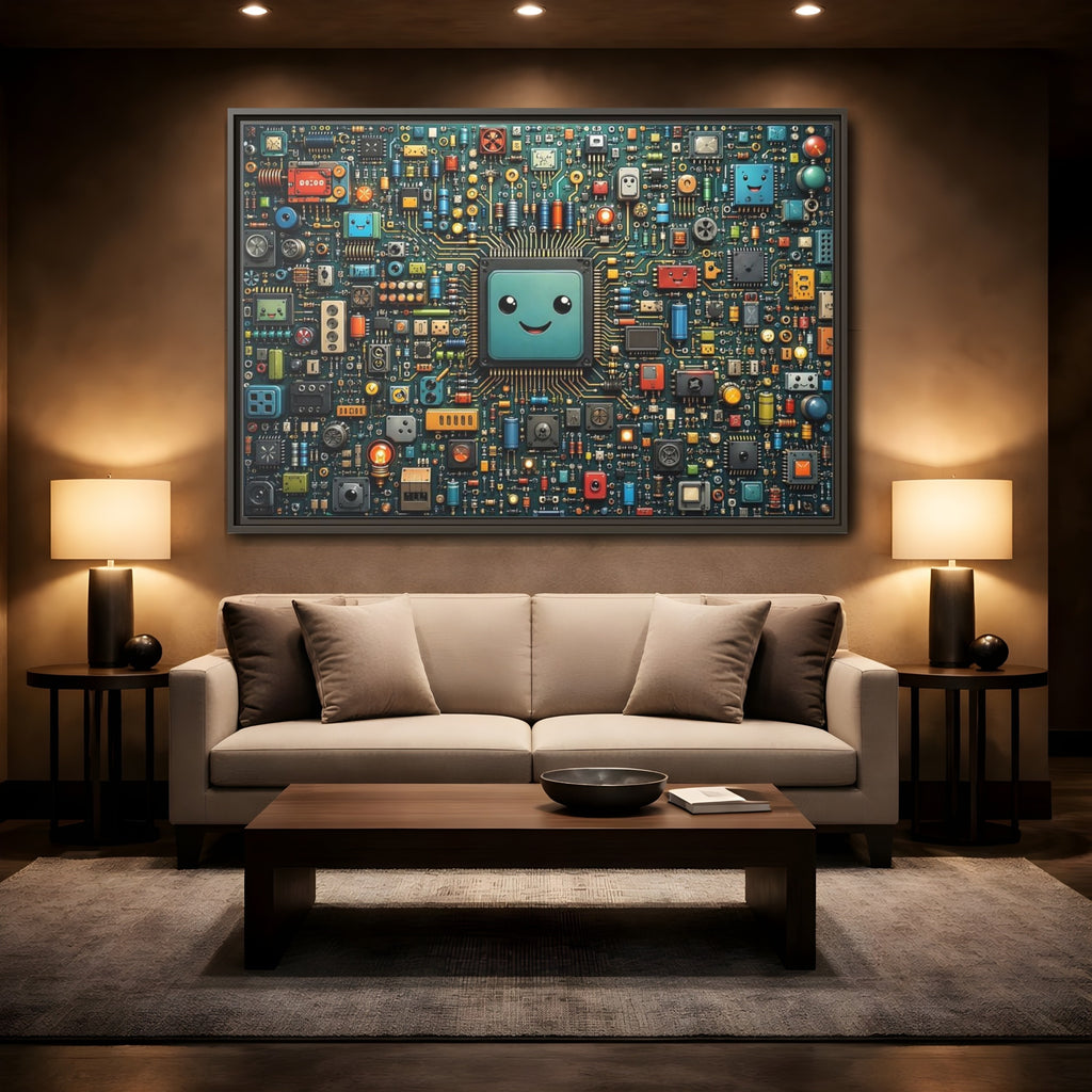 Mockup 2. Funny Circuit Board Happy Circuit Board shown as stretched canvas wall art