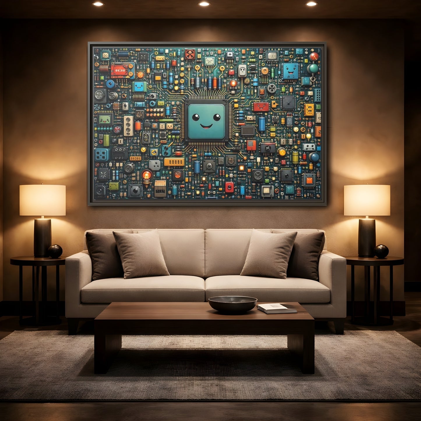 Mockup 2. Funny Circuit Board Happy Circuit Board shown as stretched canvas wall art