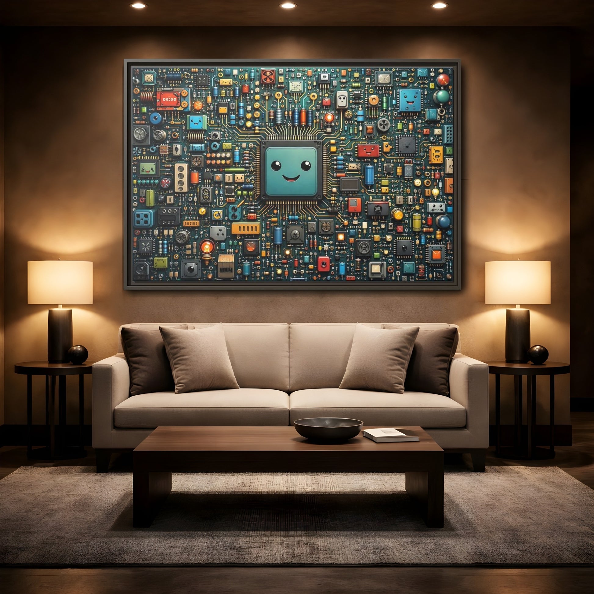 Mockup 2. Funny Circuit Board Happy Circuit Board shown as stretched canvas wall art