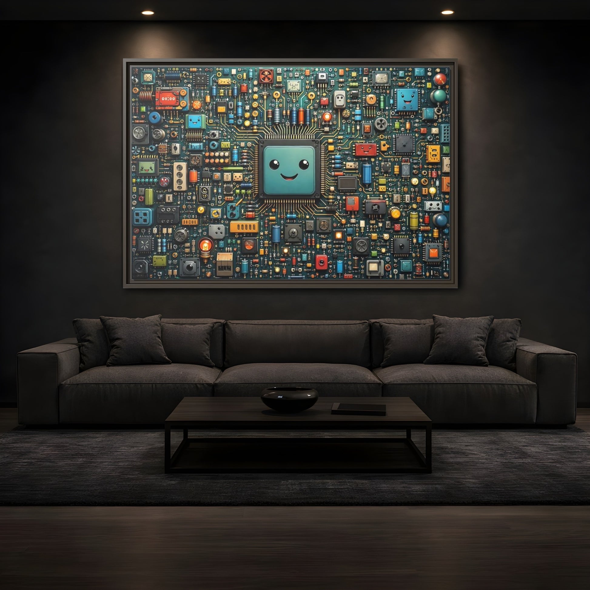 Mockup 3. Funny Circuit Board Happy Circuit Board shown as stretched canvas wall art