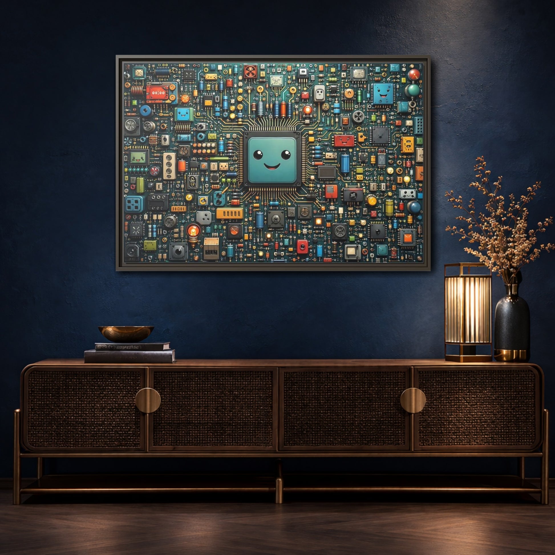 Mockup 4. Funny Circuit Board Happy Circuit Board shown as stretched canvas wall art