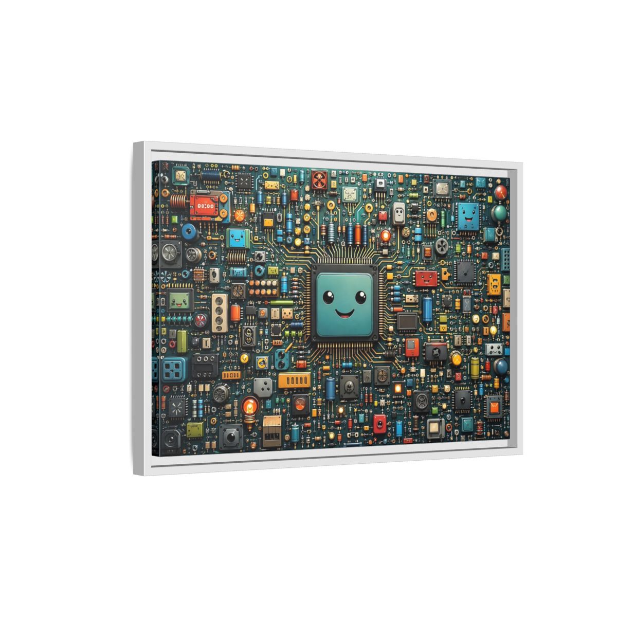 Side Mockup 1. Funny Circuit Board Happy Circuit Board shown as stretched canvas wall art