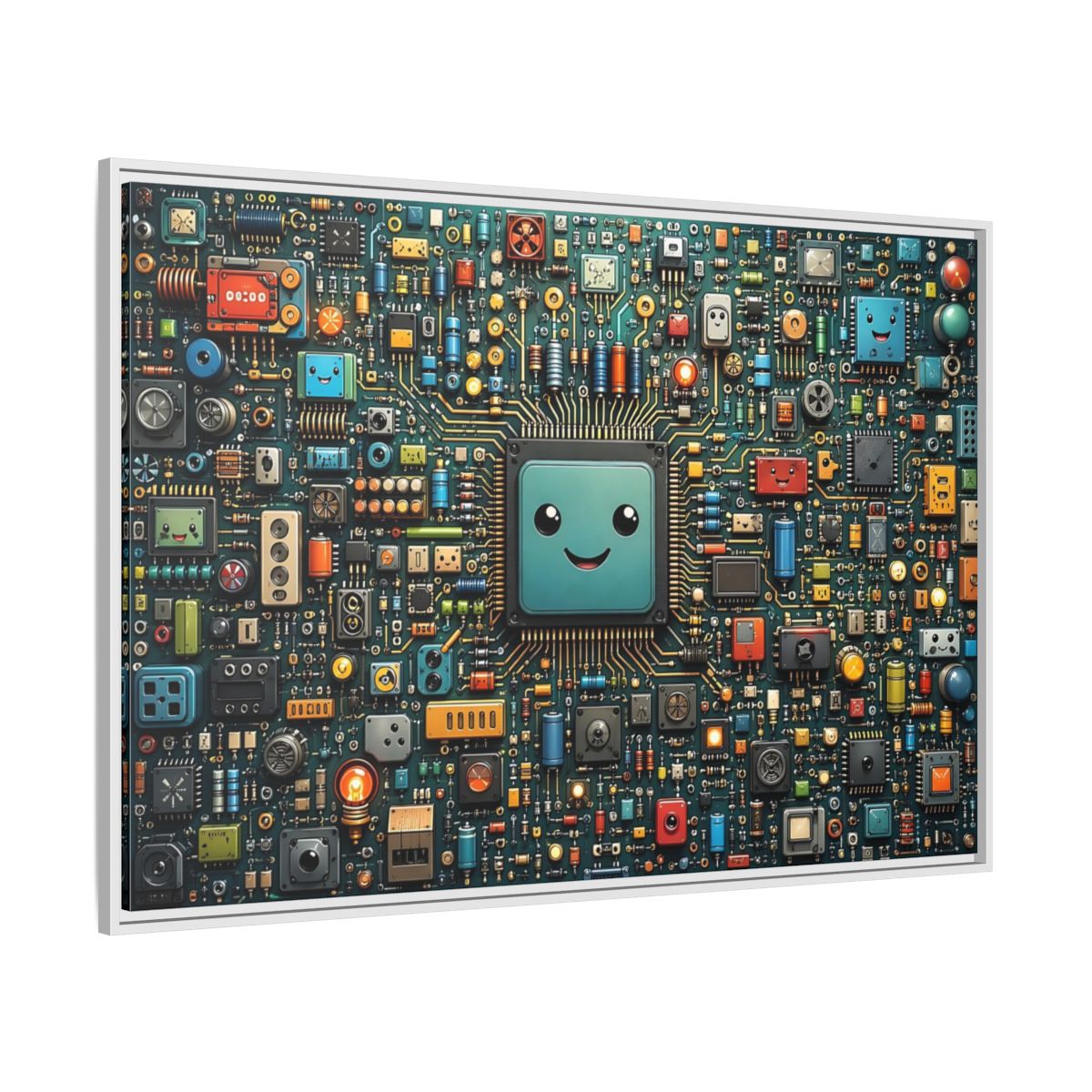 Side Mockup 7. Funny Circuit Board Happy Circuit Board shown as stretched canvas wall art