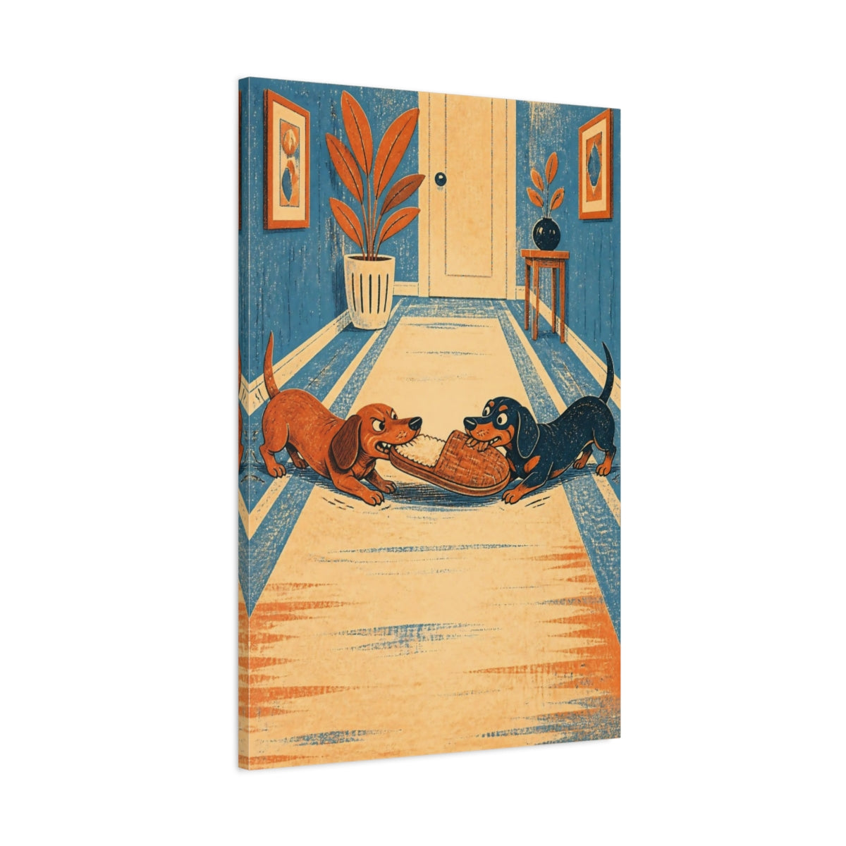 Main Mockup. Funny Dachshunds Tugging Slipper shown as canvas print