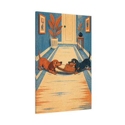 Side Mockup 1. Funny Dachshunds Tugging Slipper shown as canvas print