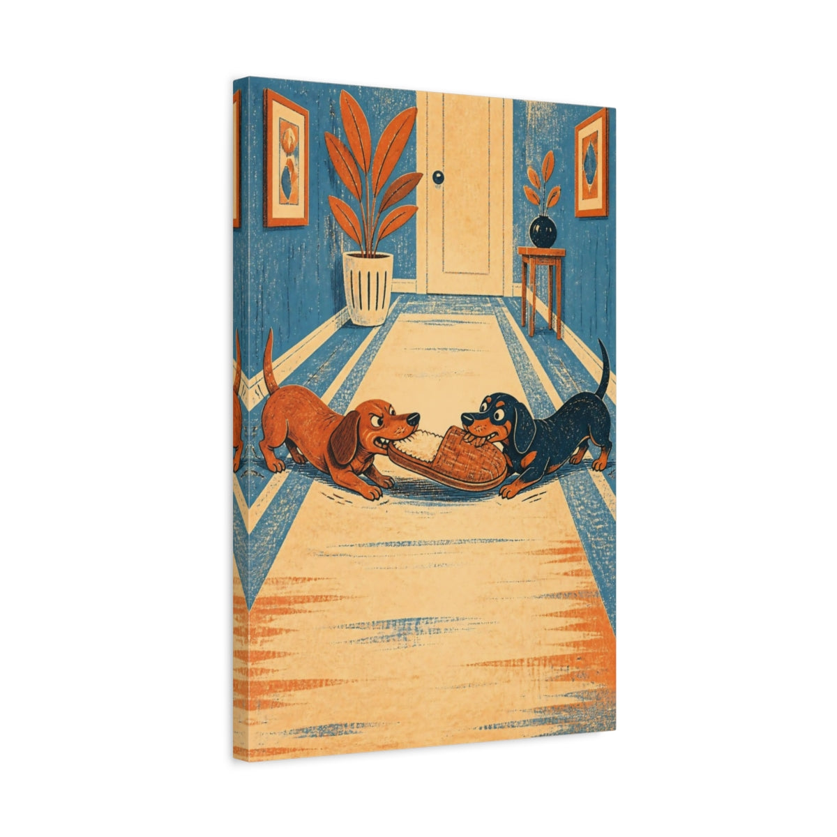Side Mockup 3. Funny Dachshunds Tugging Slipper shown as canvas print