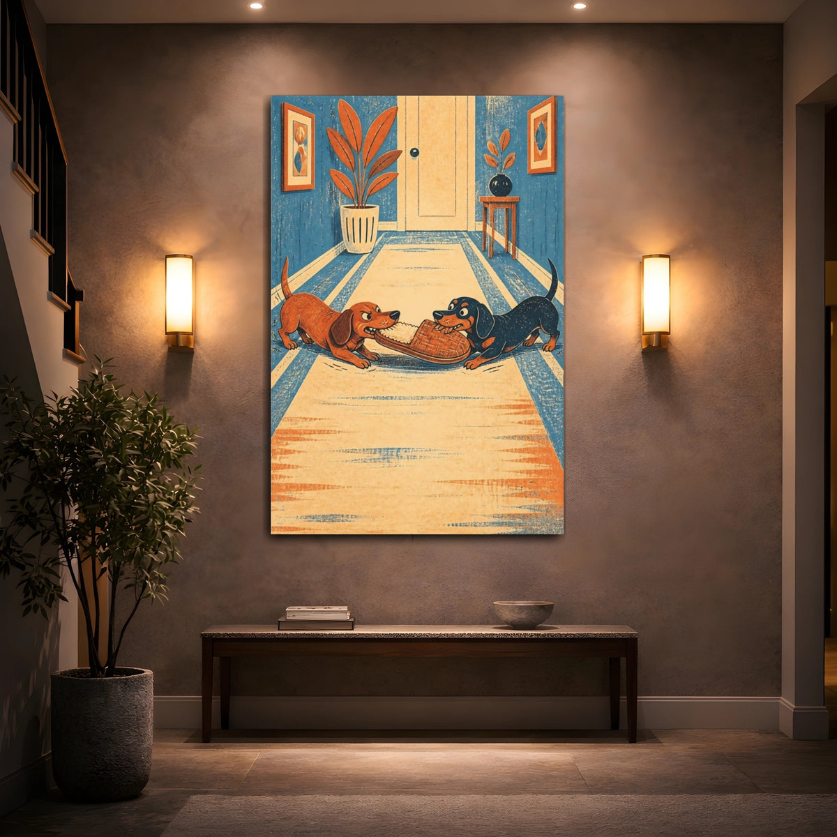 Mockup 2. Funny Dachshunds Tugging Slipper shown as canvas print
