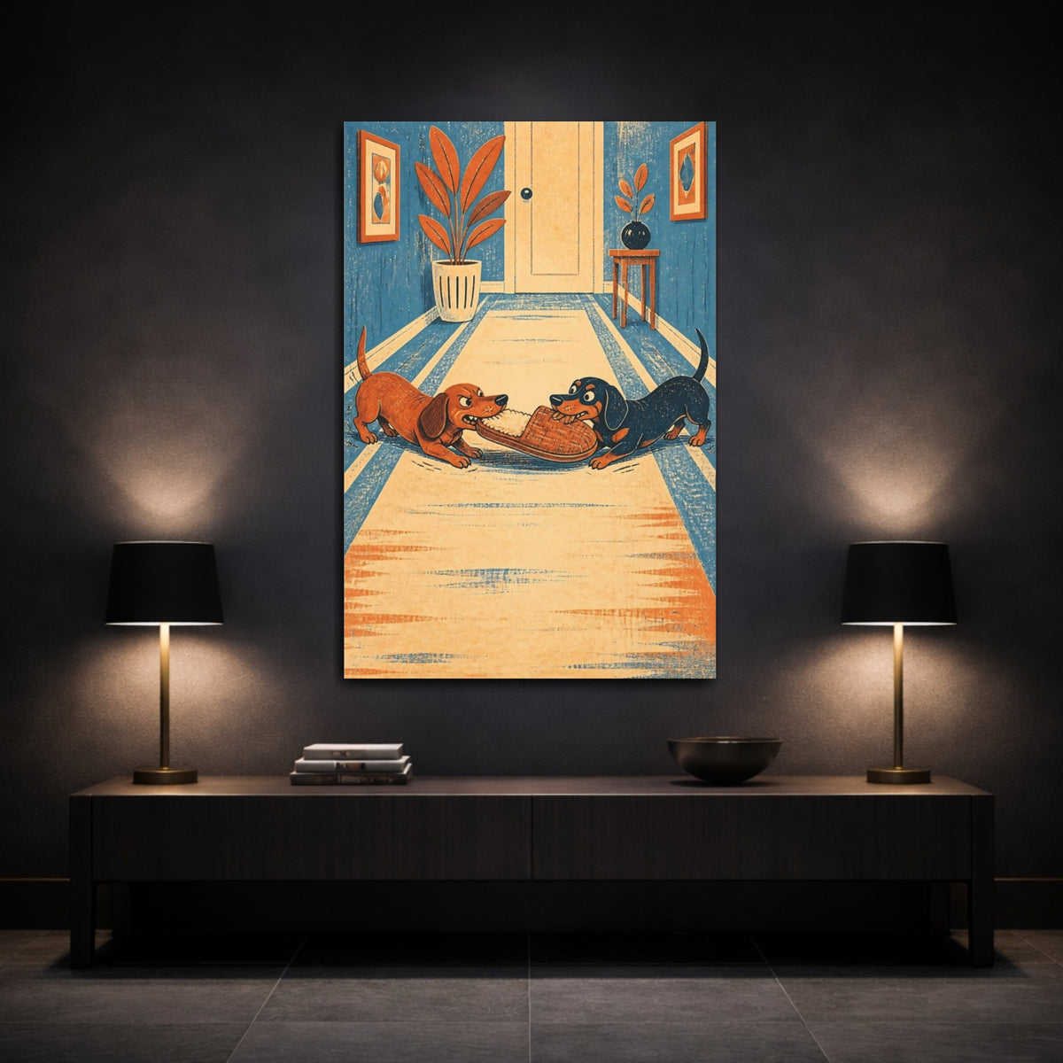 Mockup 3. Funny Dachshunds Tugging Slipper shown as canvas print