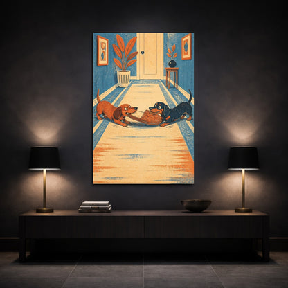 Mockup 3. Funny Dachshunds Tugging Slipper shown as canvas print