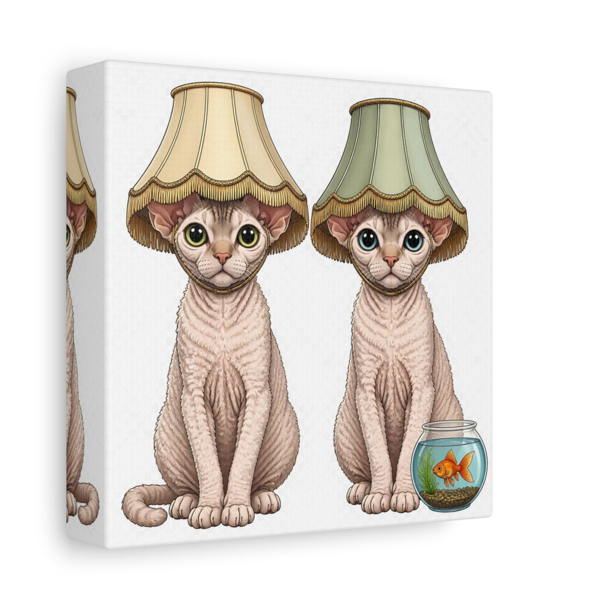 Side Mockup 2. Funny Devon Rex Cats shown as canvas print