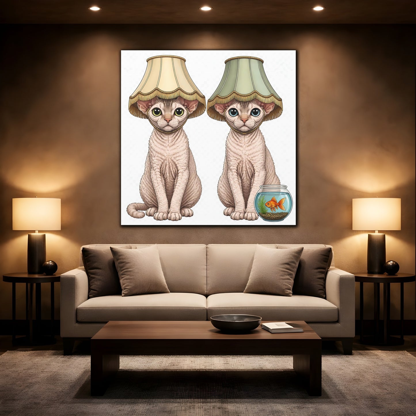 Mockup 2. Funny Devon Rex Cats shown as canvas print