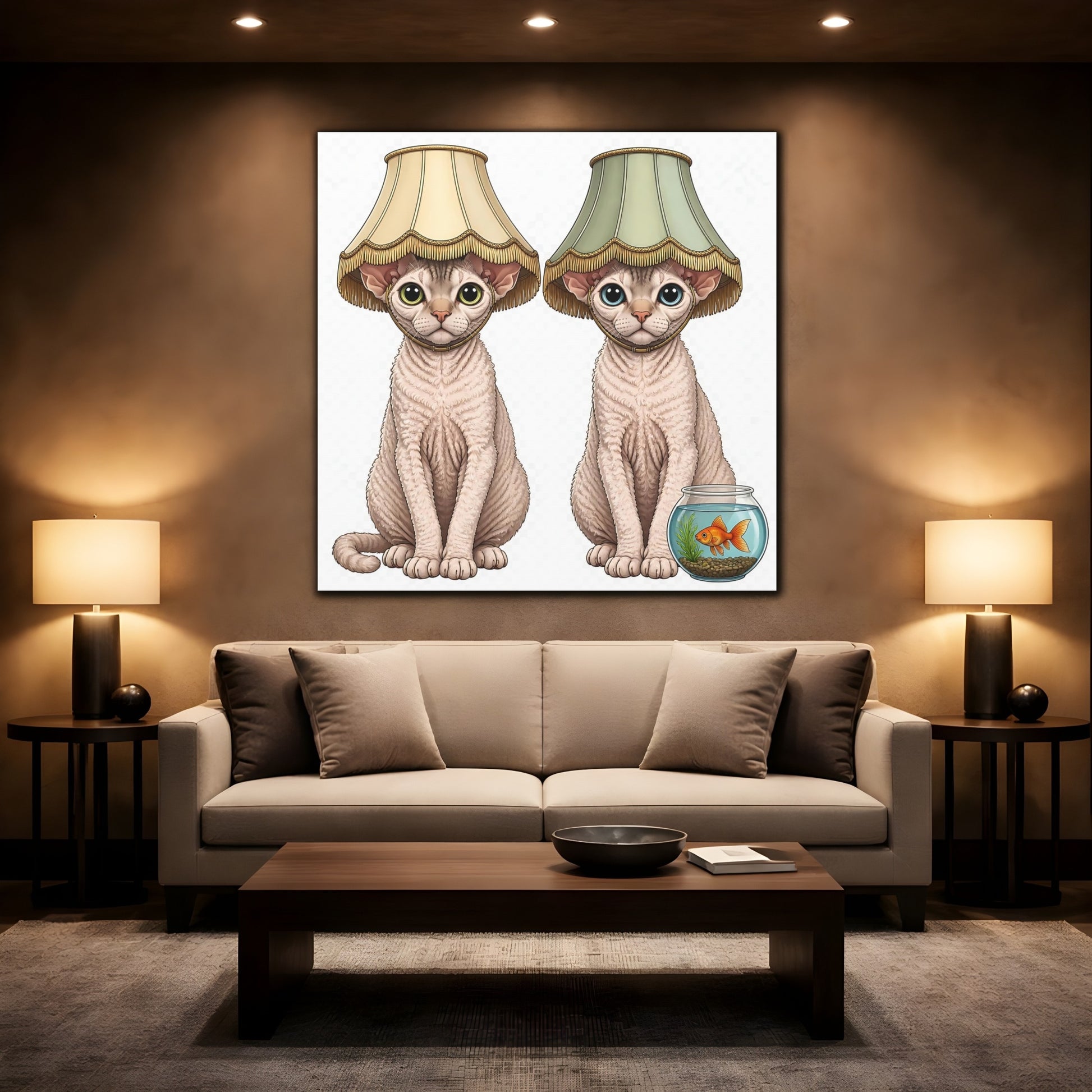 Mockup 2. Funny Devon Rex Cats shown as canvas print