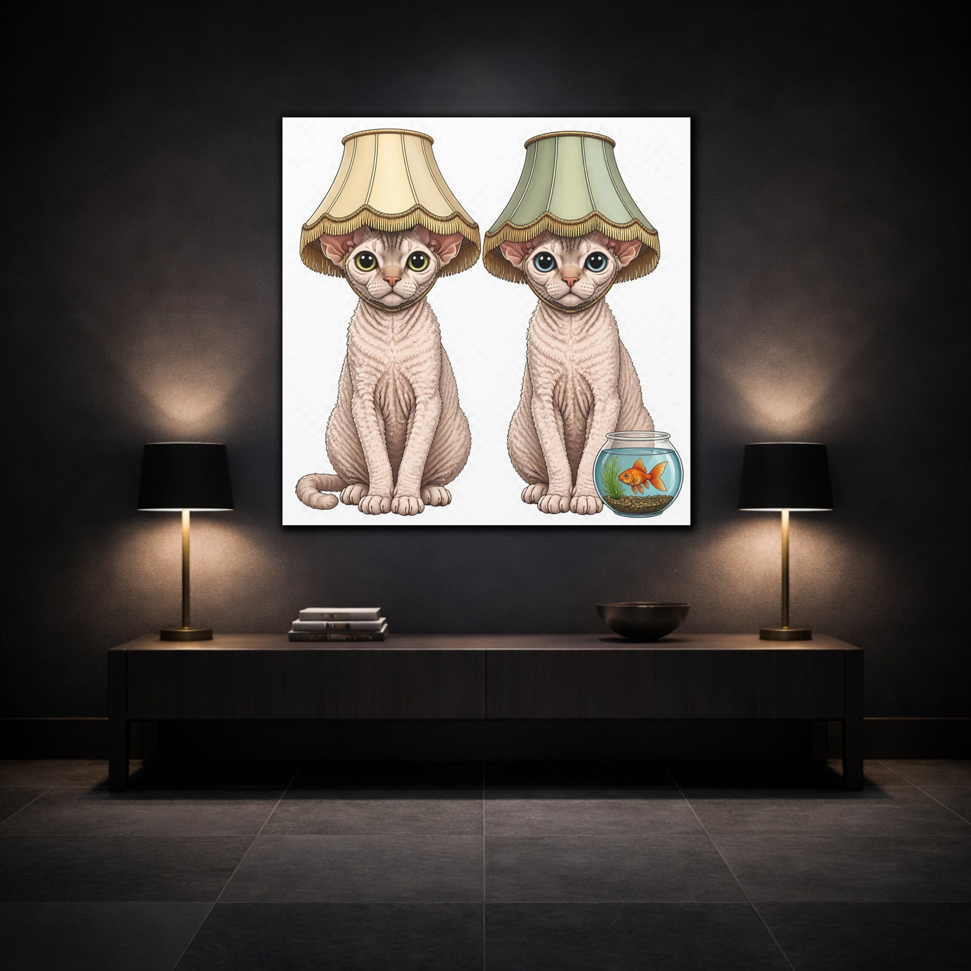 Mockup 3. Funny Devon Rex Cats shown as canvas print