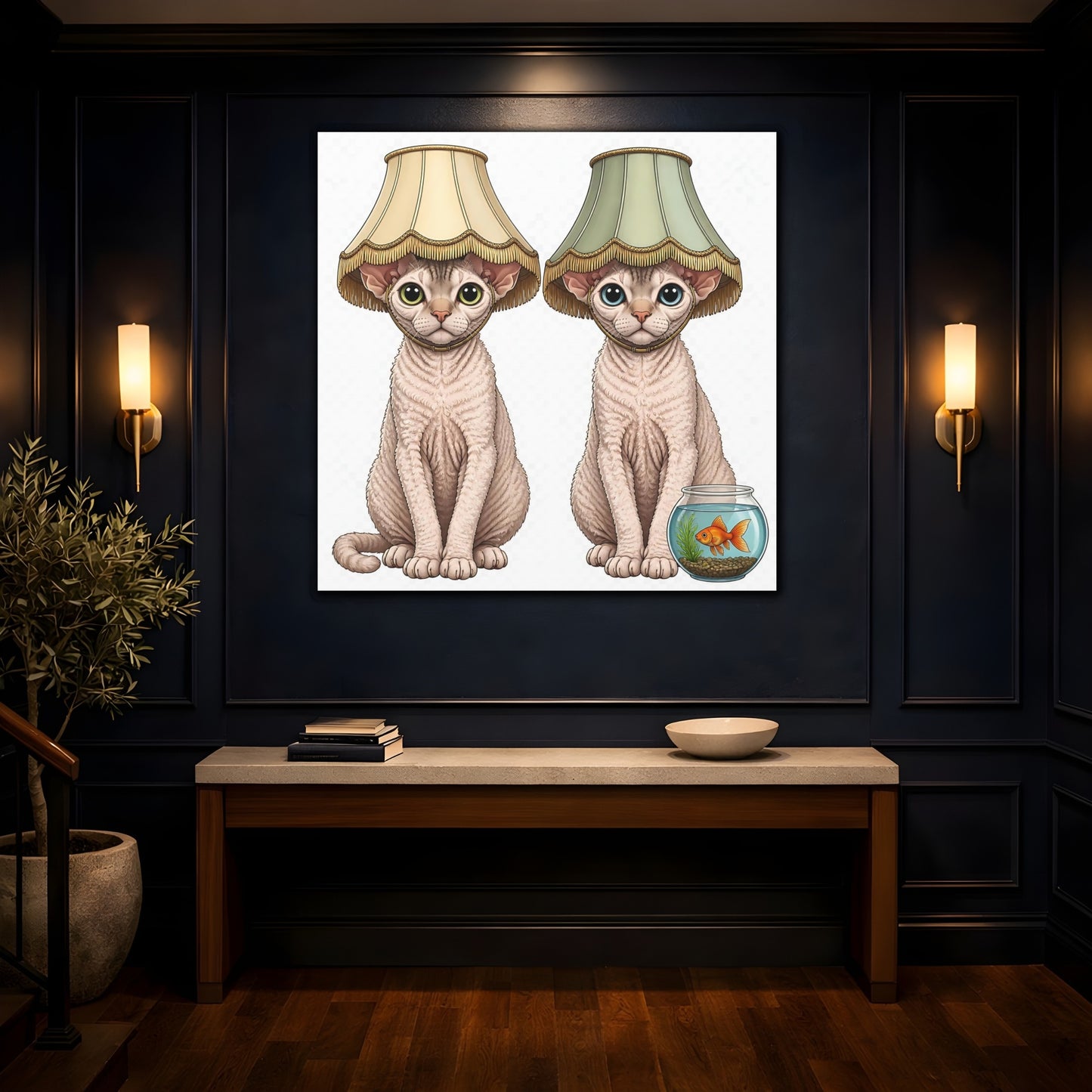 Mockup 4. Funny Devon Rex Cats shown as canvas print
