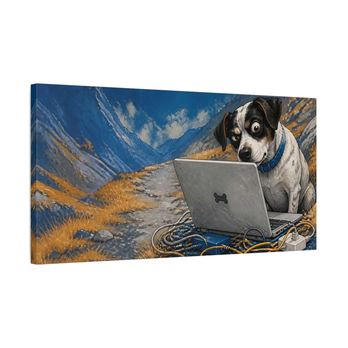 Side Mockup 1. Funny Dog With Laptop shown as canvas print