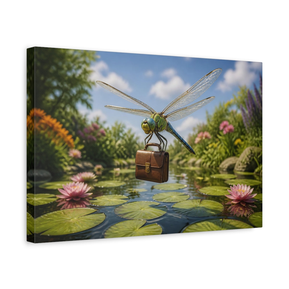 Side Mockup 4. Funny Dragonfly Briefcase shown as canvas print