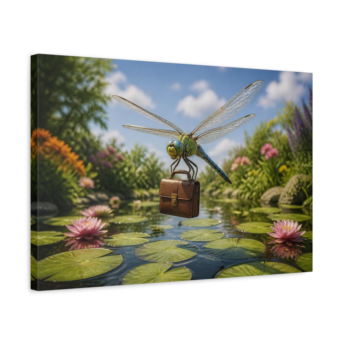 Side Mockup 3. Funny Dragonfly Briefcase shown as canvas print
