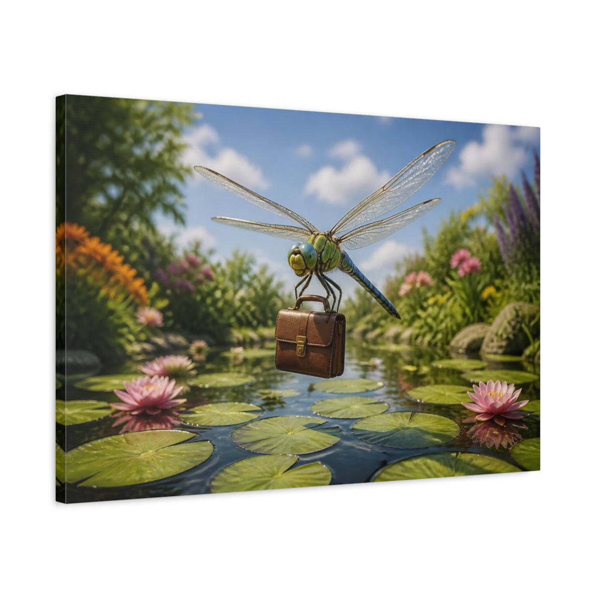 Side Mockup 2. Funny Dragonfly Briefcase shown as canvas print