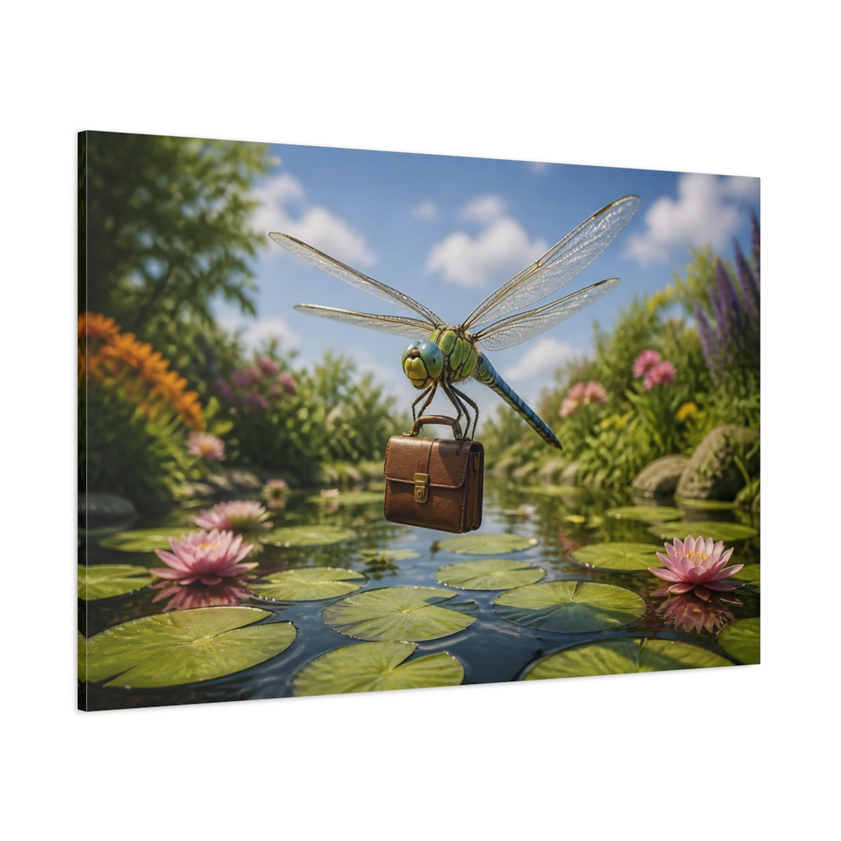 Side Mockup 1. Funny Dragonfly Briefcase shown as canvas print