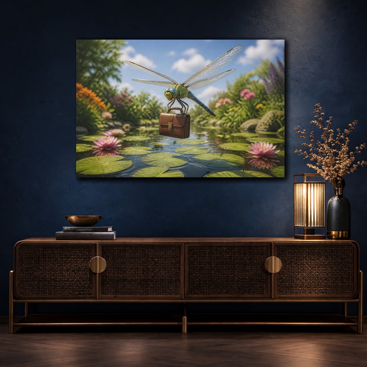 Mockup 4. Funny Dragonfly Briefcase shown as canvas print