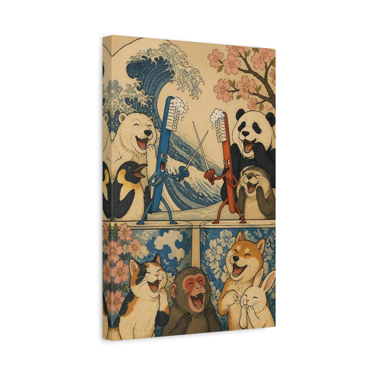 Side Mockup 4. Funny Dueling Toothbrushes shown as canvas print