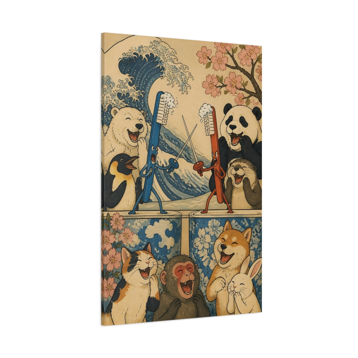 Side Mockup 1. Funny Dueling Toothbrushes shown as canvas print
