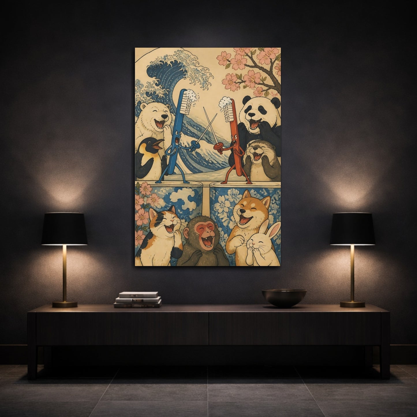 Mockup 3. Funny Dueling Toothbrushes shown as canvas print