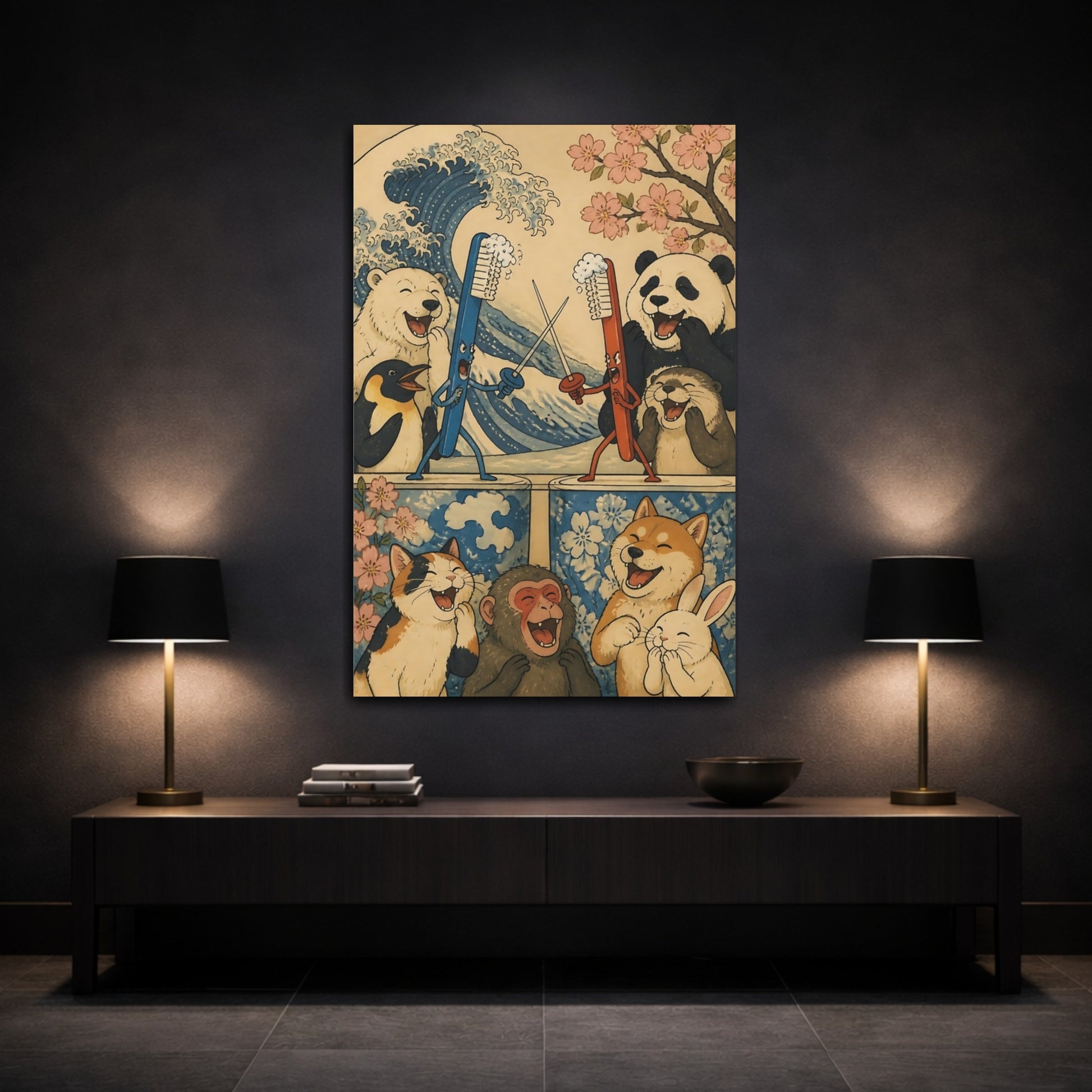 Mockup 3. Funny Dueling Toothbrushes shown as canvas print