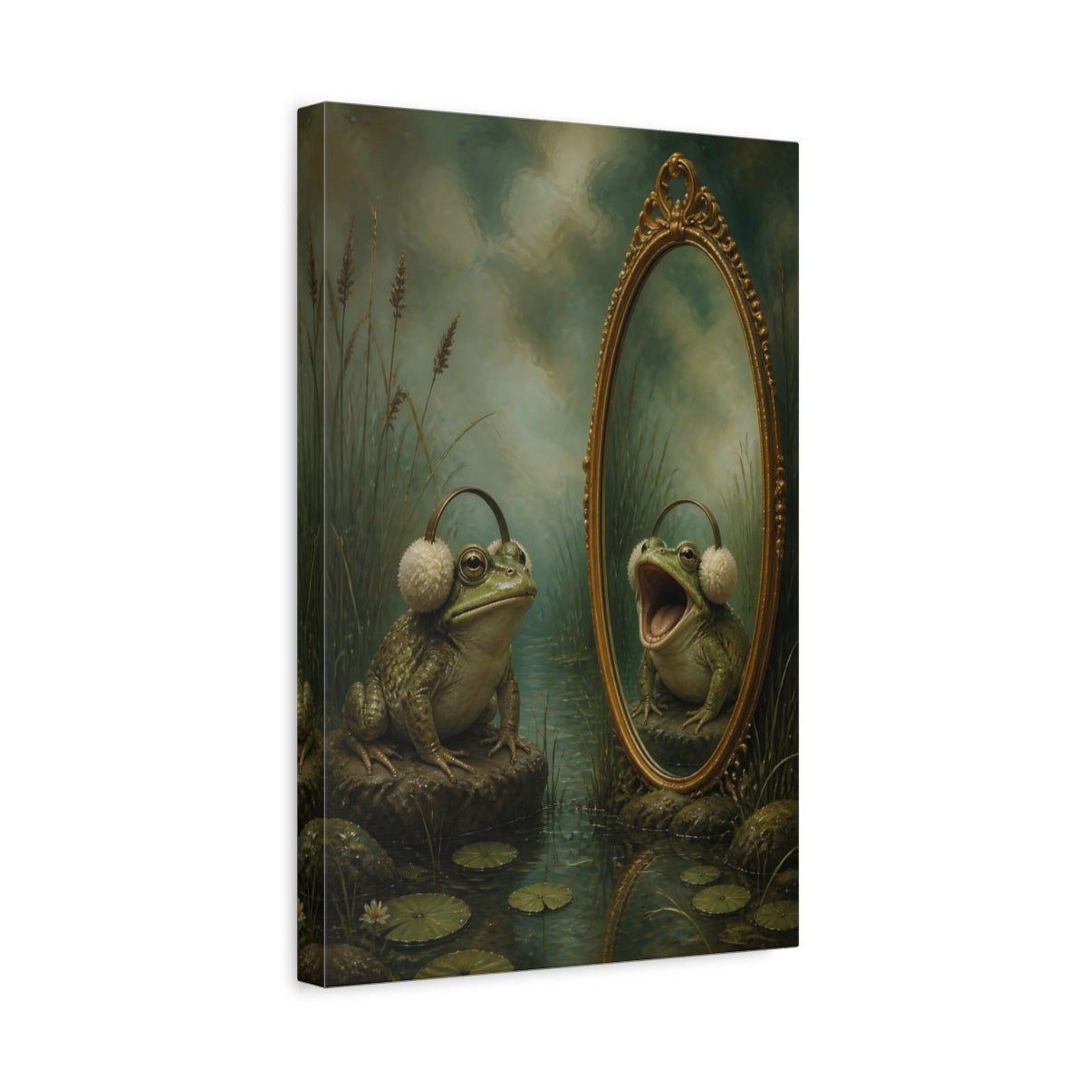 Side Mockup 4. Funny Frog With Earmuffs shown as canvas print
