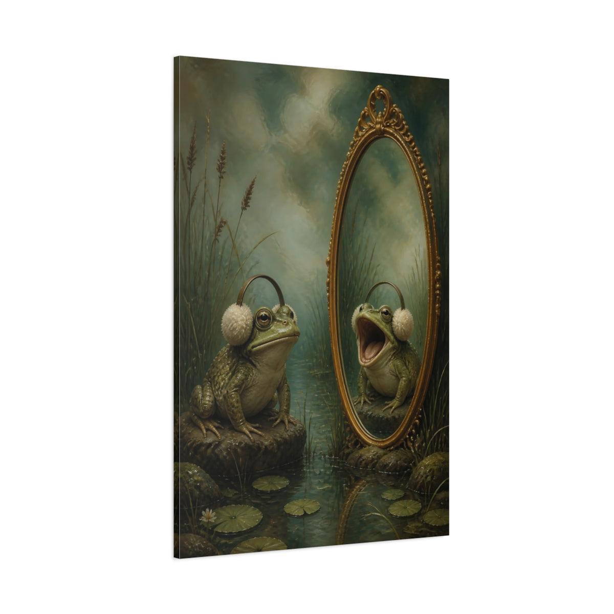 Side Mockup 1. Funny Frog With Earmuffs shown as canvas print