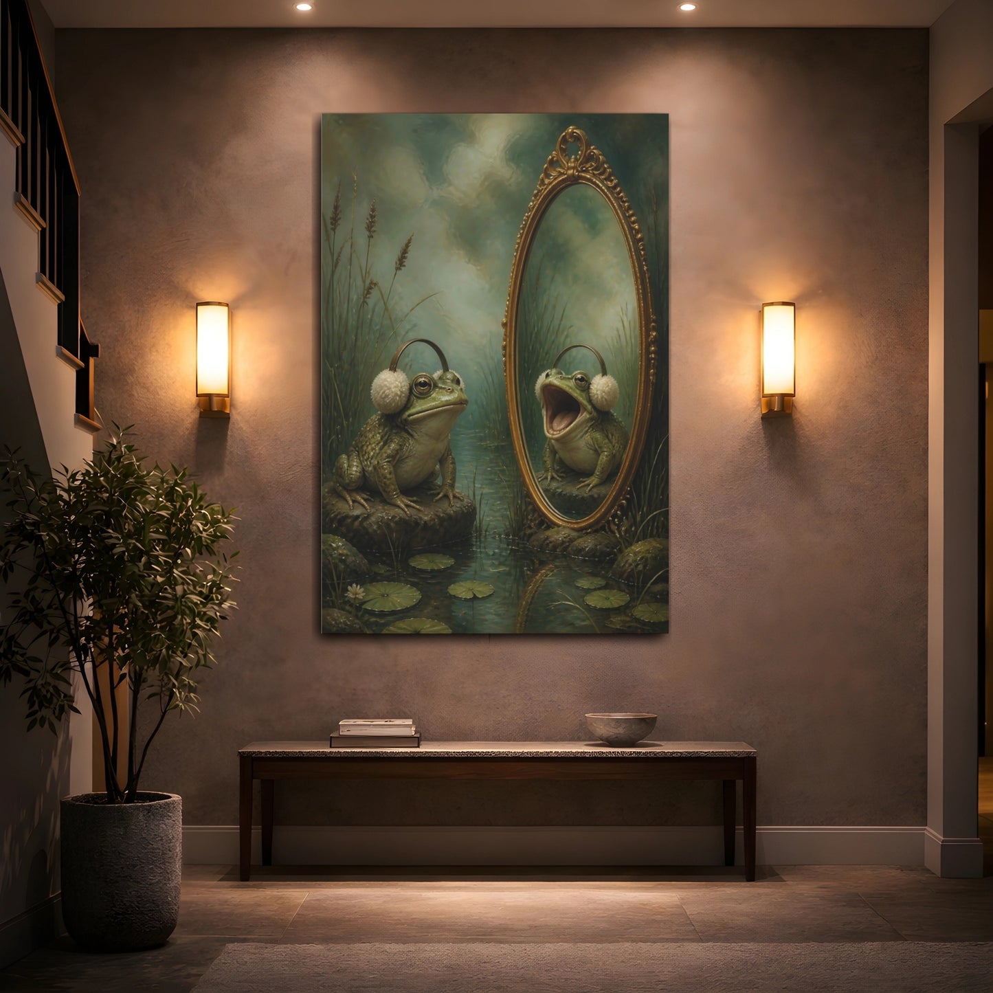 Mockup 2. Funny Frog With Earmuffs shown as canvas print