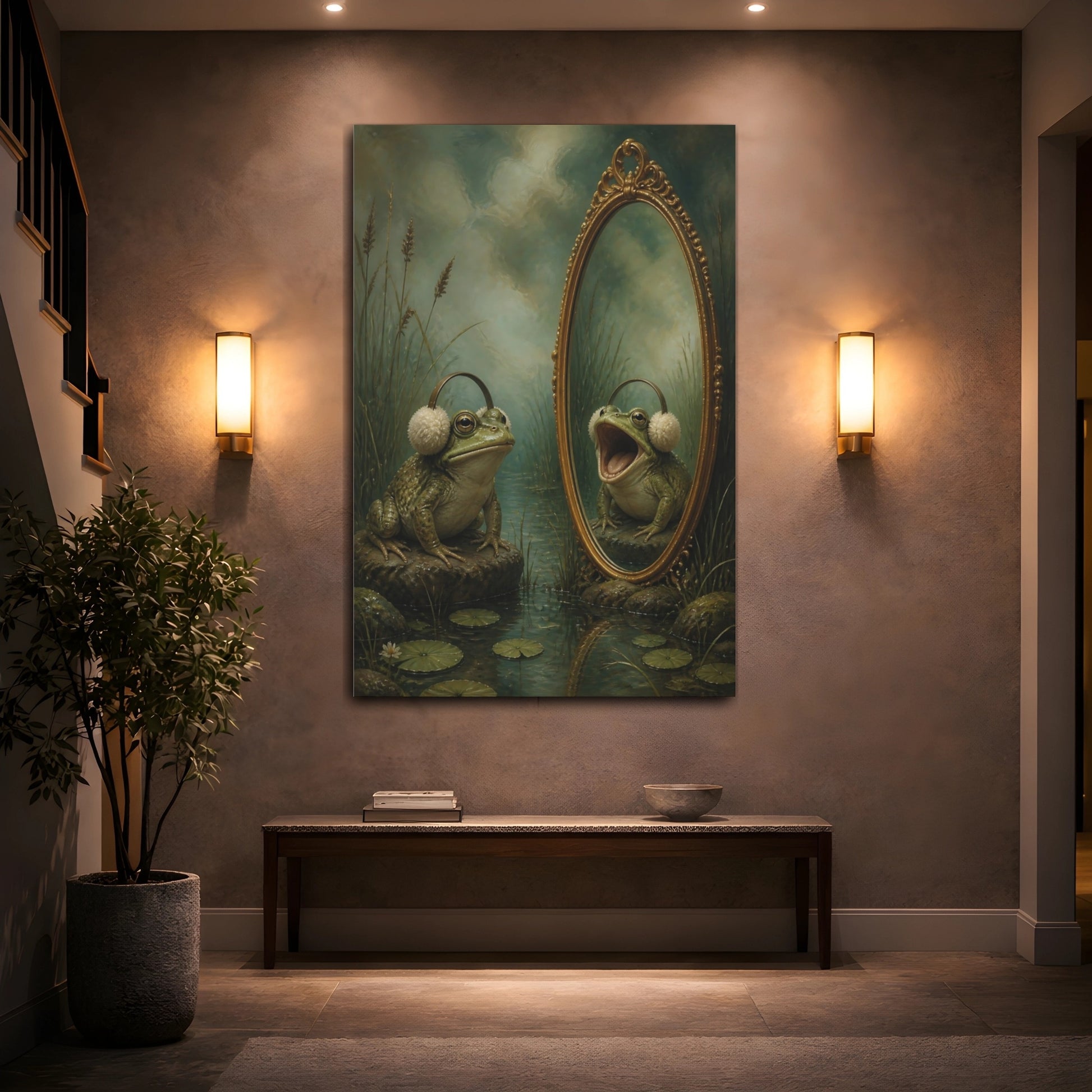 Mockup 2. Funny Frog With Earmuffs shown as canvas print
