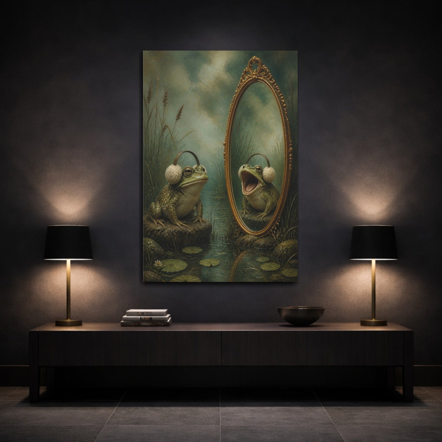 Mockup 3. Funny Frog With Earmuffs shown as canvas print