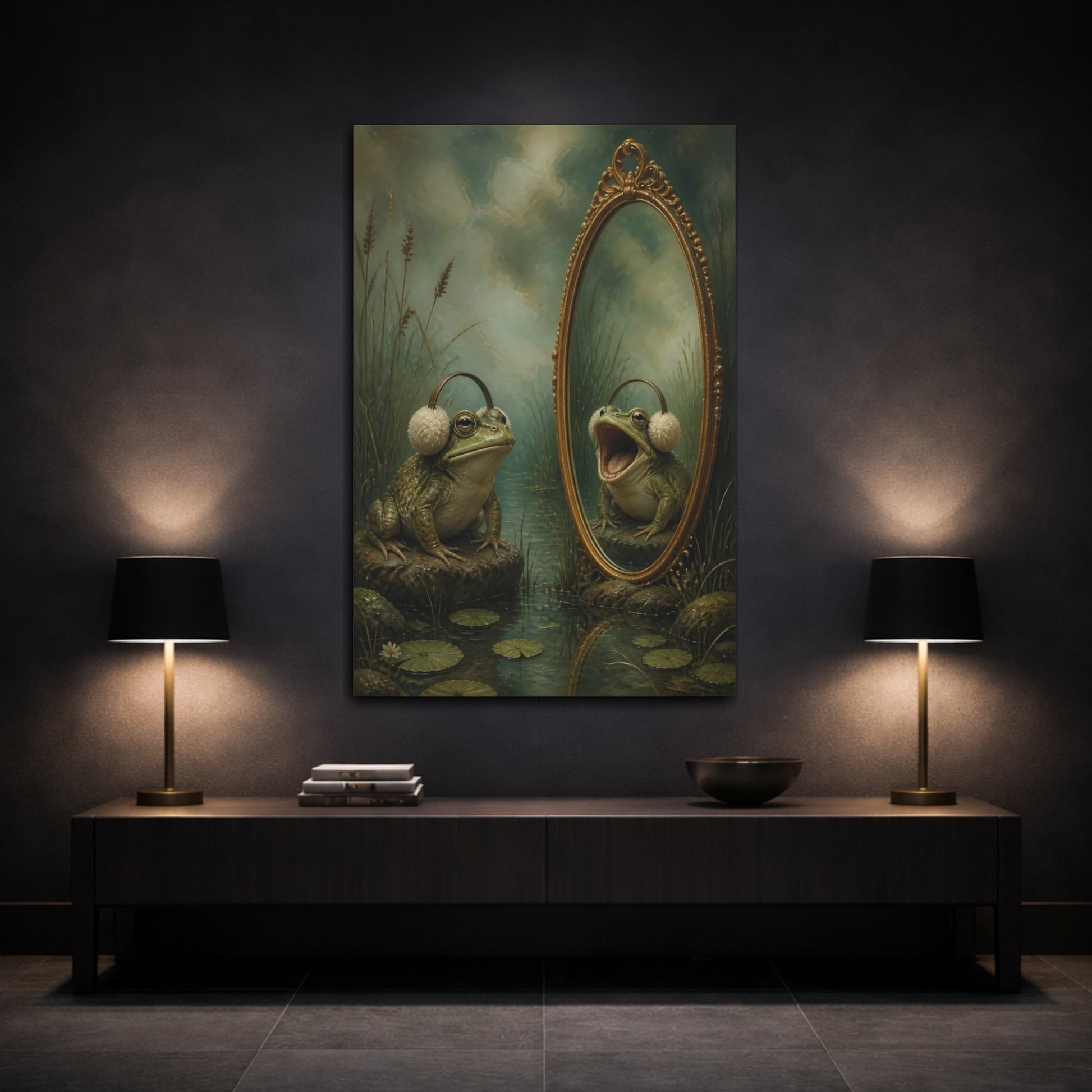 Mockup 3. Funny Frog With Earmuffs shown as canvas print